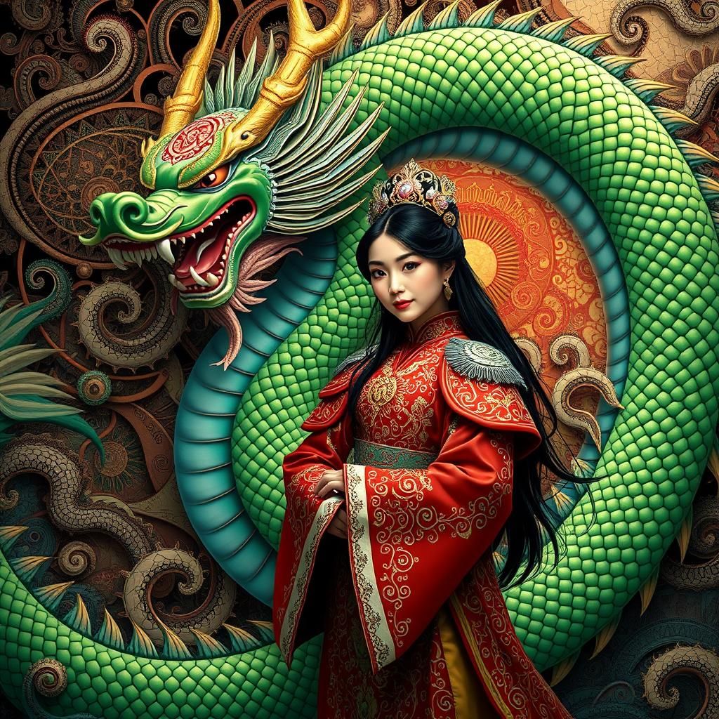 Mulan and a green dragon