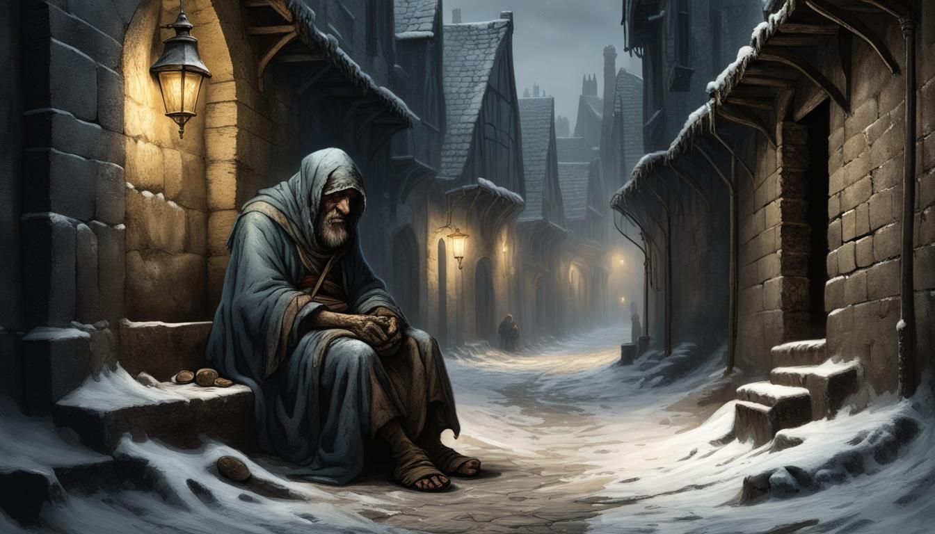 Medieval Leper Beggar in Snowy City, Death Metal Art
