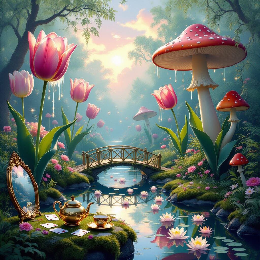A surreal, enchanted garden bathed in soft, swirling twilight, where giant tulips drip with liquid starlight and oversiz...