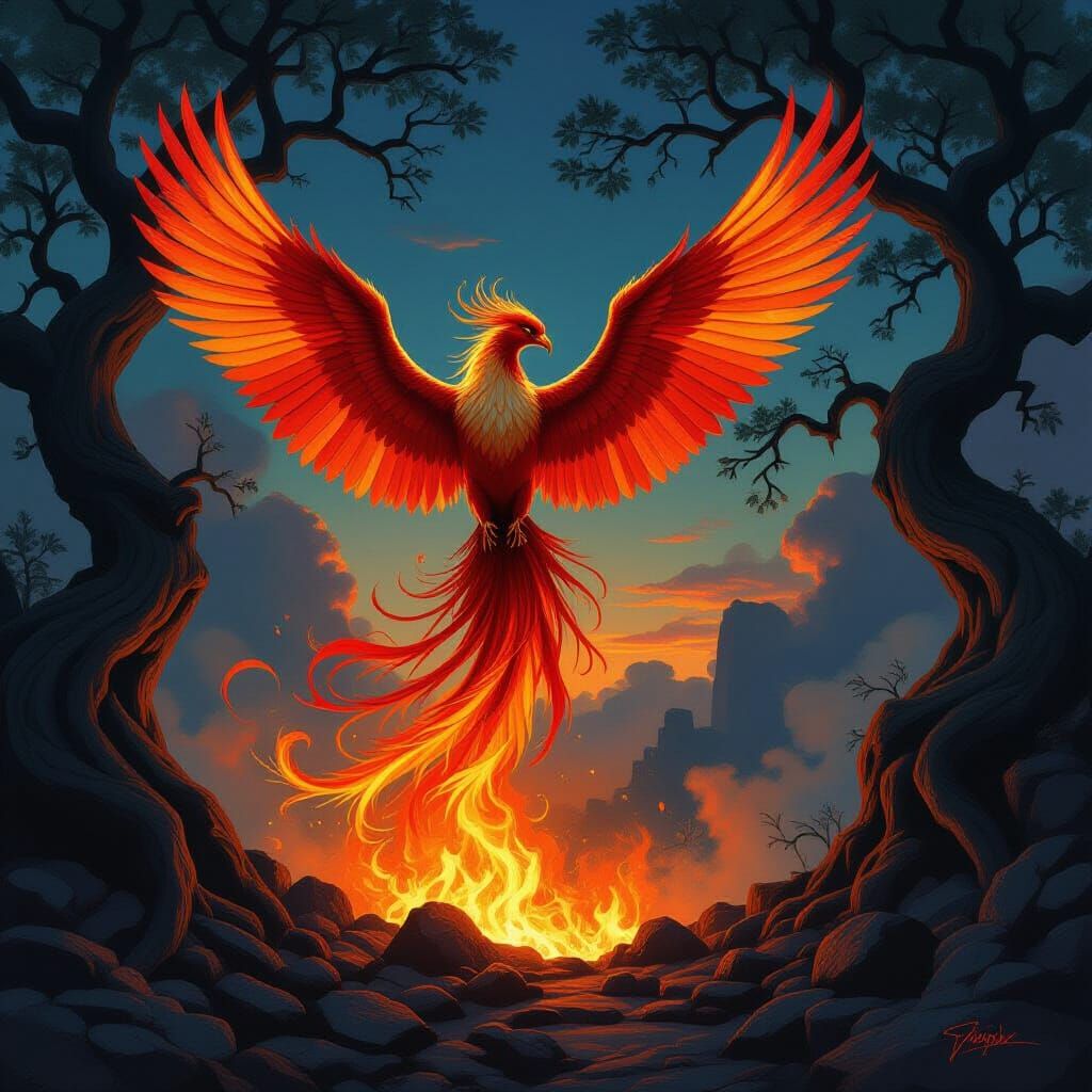 Majestic Phoenix Rises from Embers in Fantasy Style