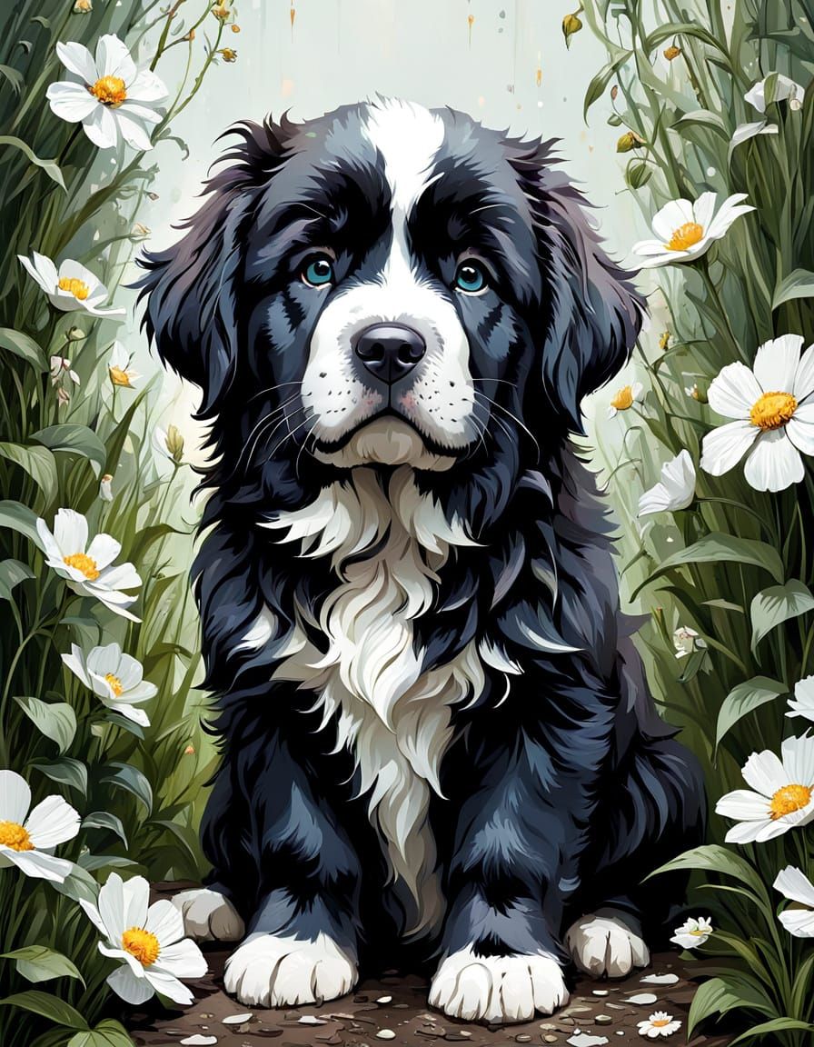 Adorable Newfoundland Puppy in Floral Spring, Digital Art