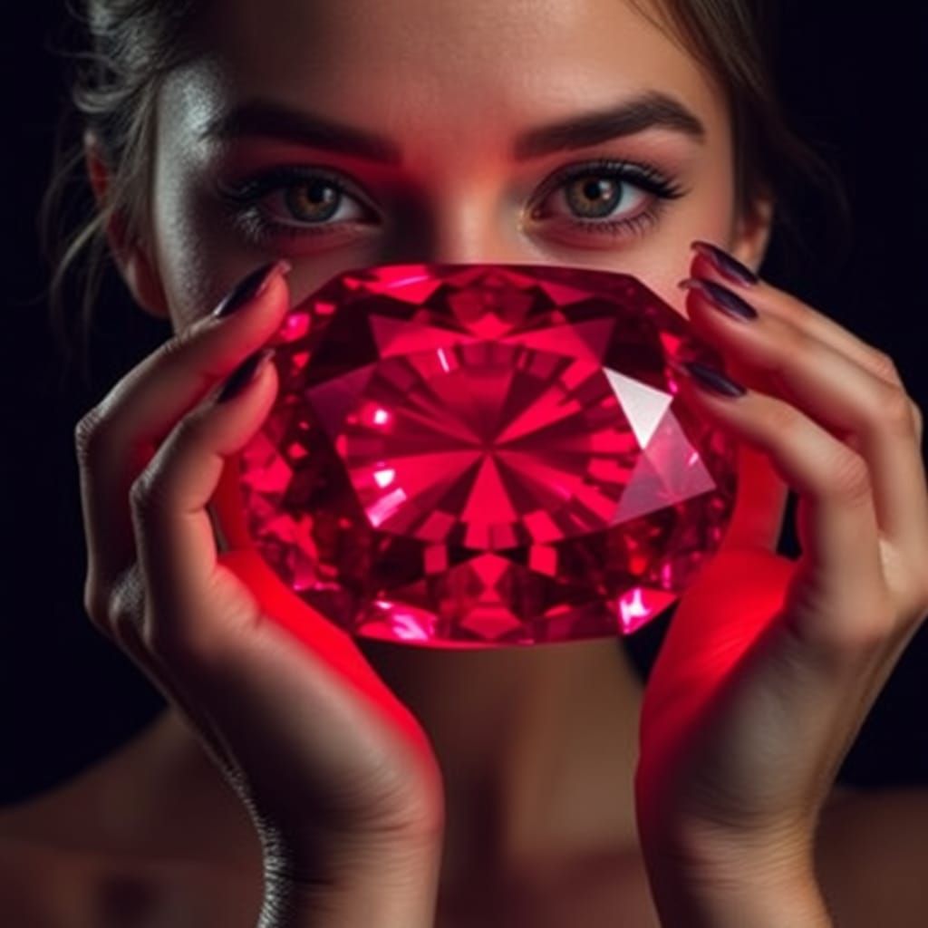 Woman with Luminous Ruby on Dark Background