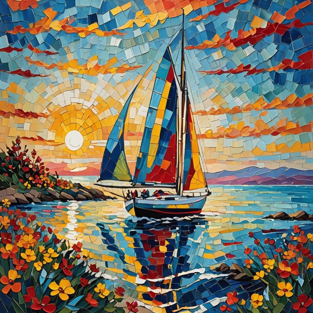 Expressionist Sailboat at Sunset: Fauvist Abstract Art