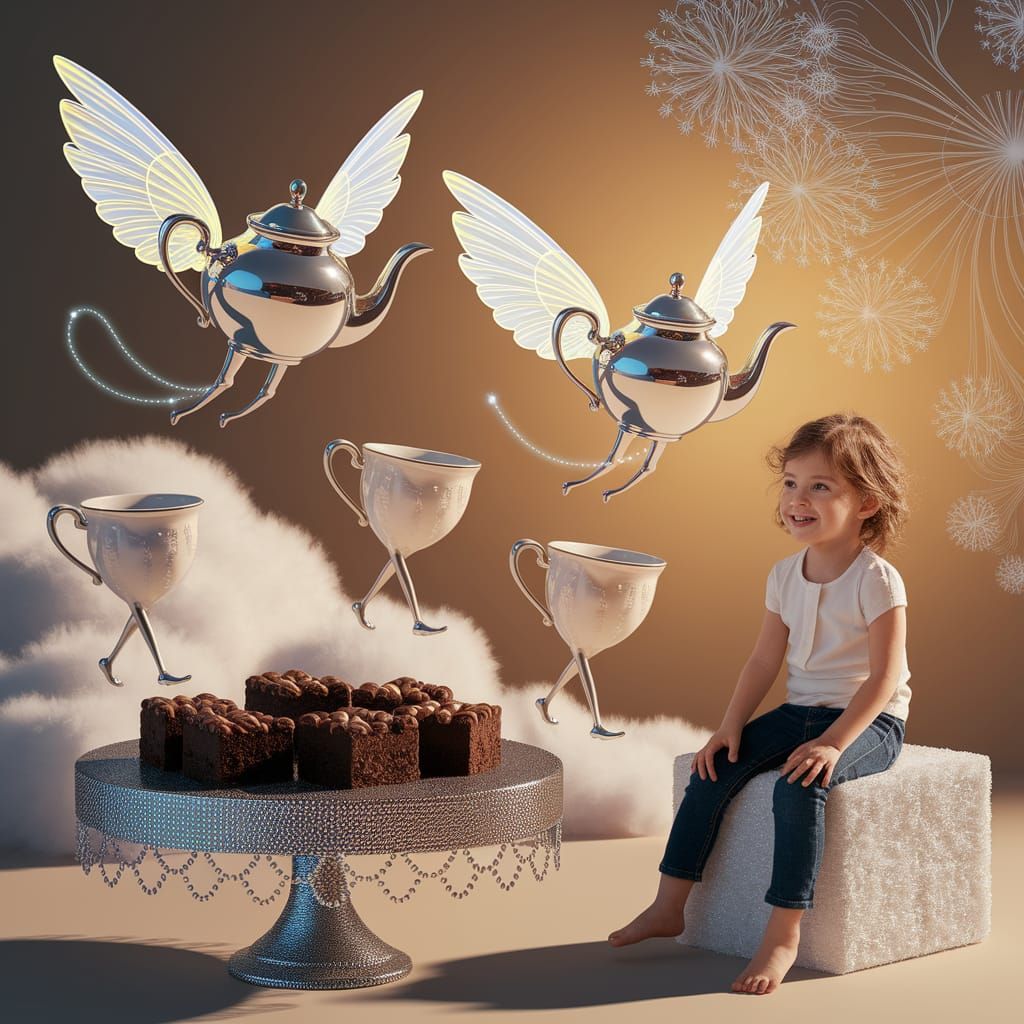 Flying Teapots and Walking Teacups in Dreamlike Scene