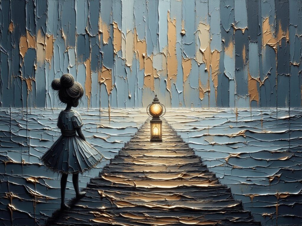 Golden Lantern on Pier in Moody Stormy Sky