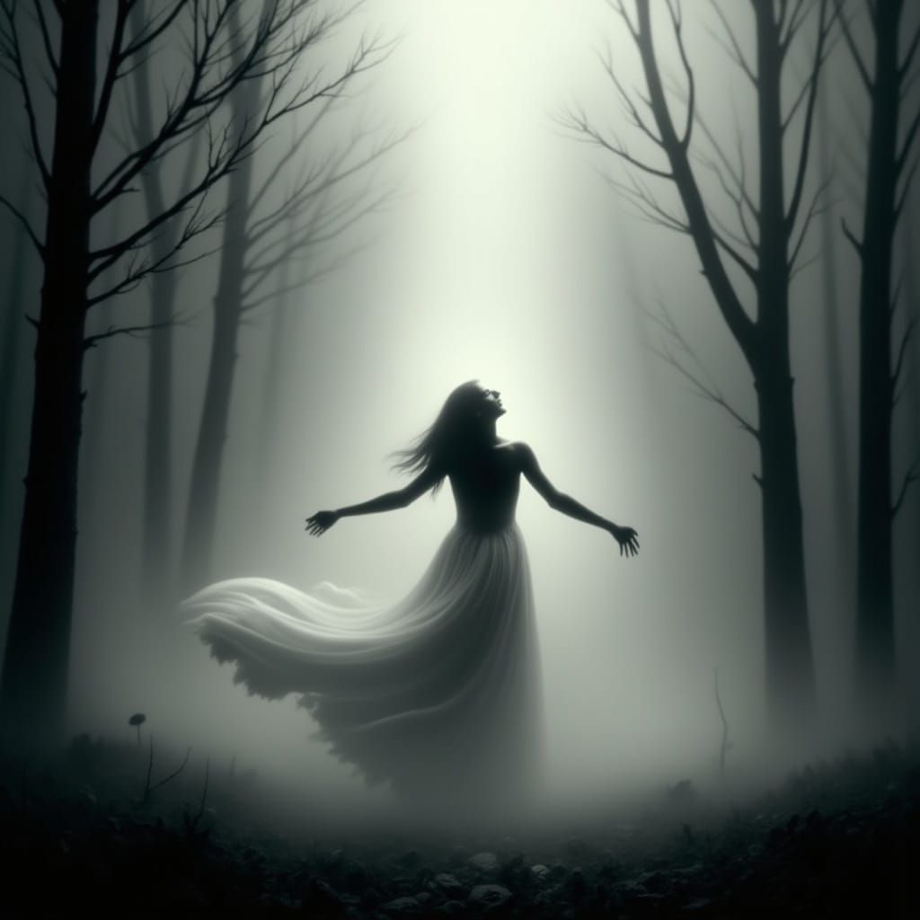 Woman in White Dress in Foggy Forest