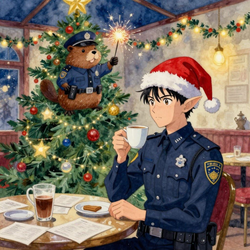 Anime Elf Police Officer with Coffee, Festive Scene