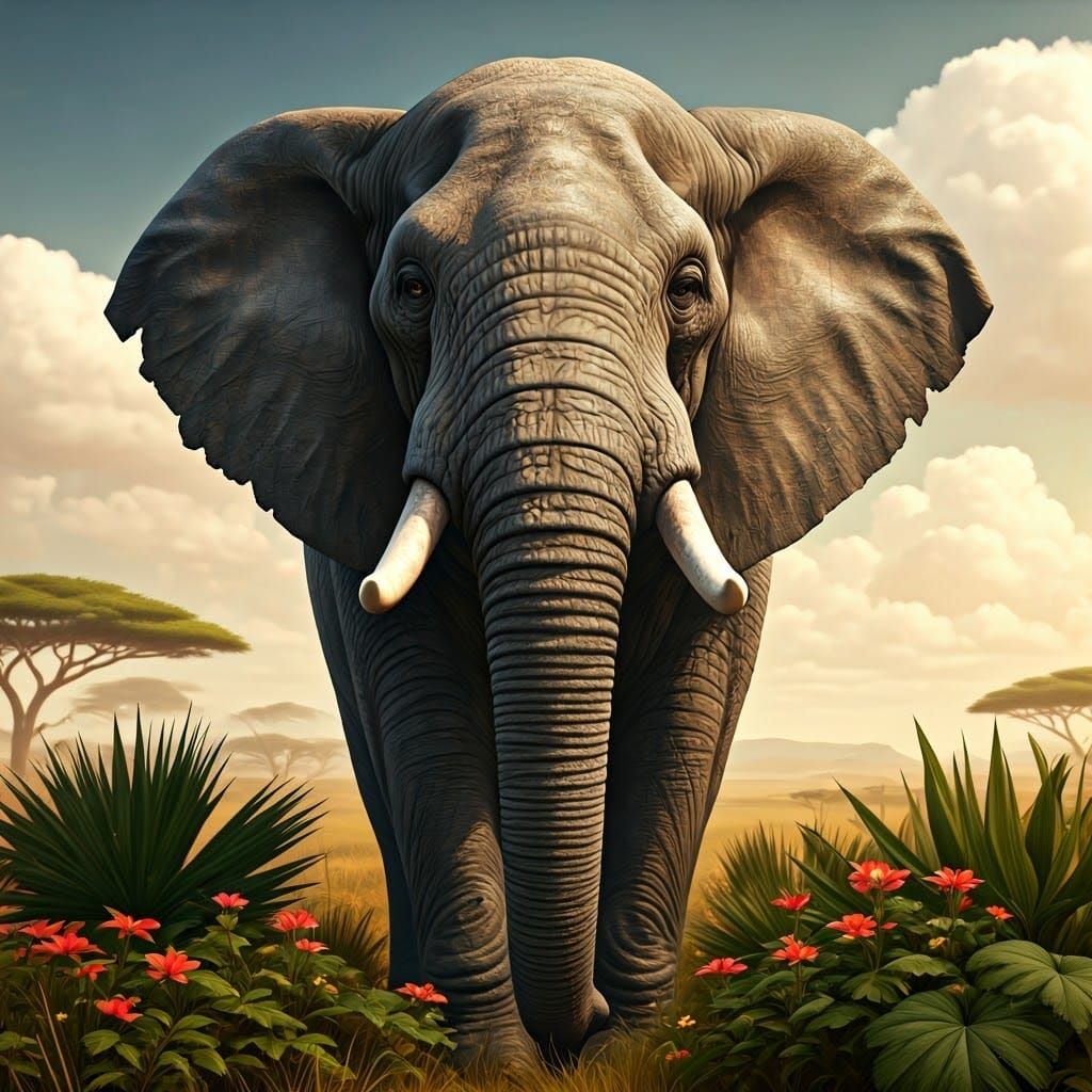 Majestic Elephant in Lush Savanna Landscape