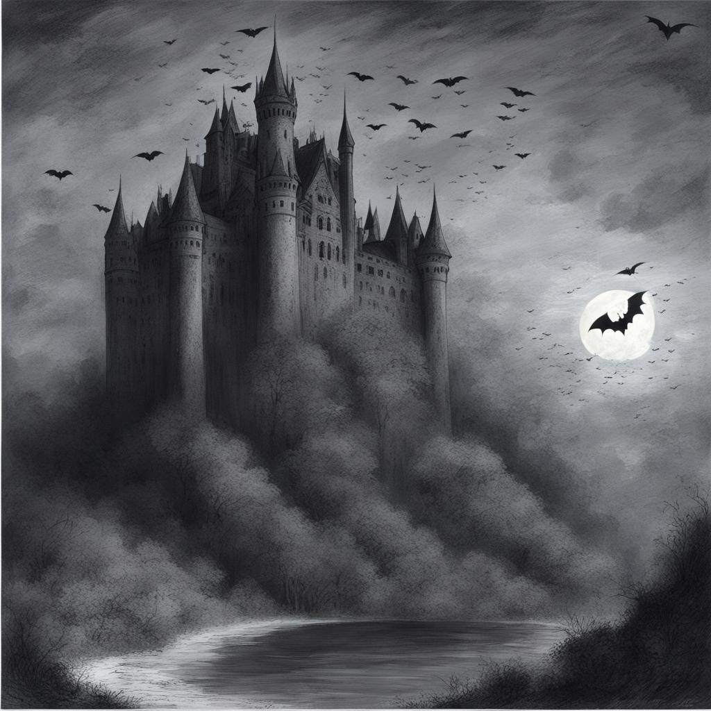 Gothic Castle with Bats, Inspired by Gustave Doré