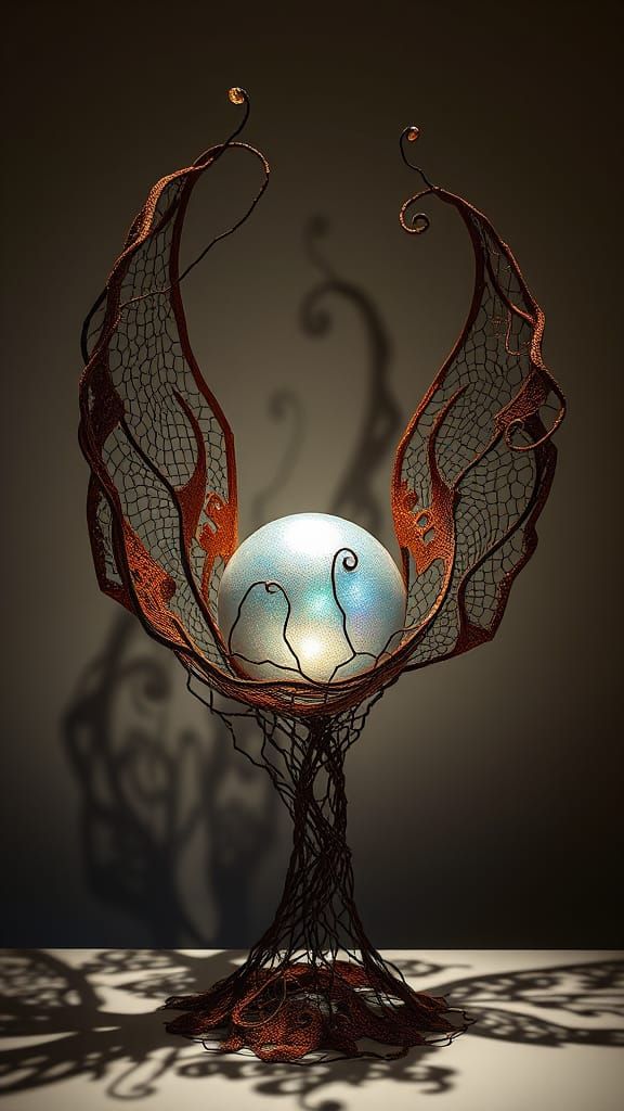 Abstract Rusted Lace Sculpture with Iridescent Sphere and Gl...
