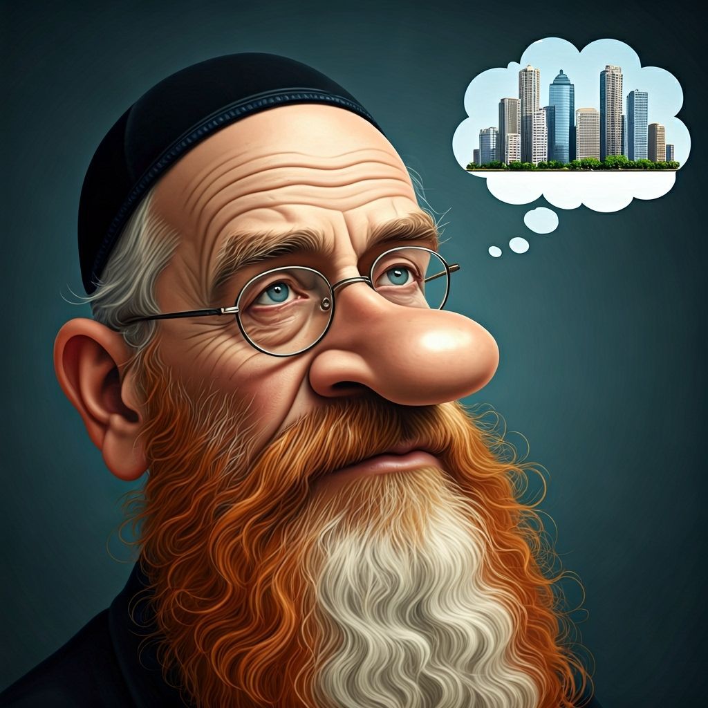 Expressive Caricature of Elderly Man with Cityscape Thought