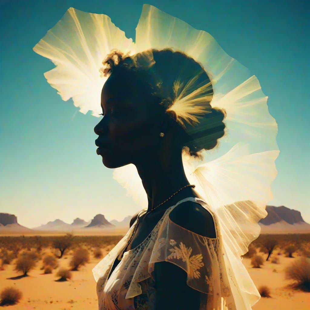 African Desert Angel in Vibrant Double Exposure