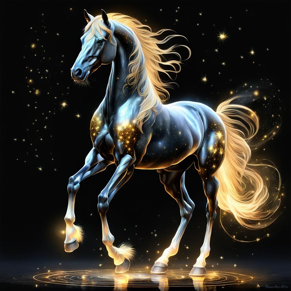 Golden Horse Fantasy Art with Holographic Projection