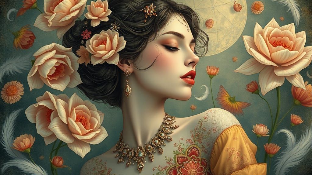 Whimsical Dreamscape Goddess in Art Nouveau Style