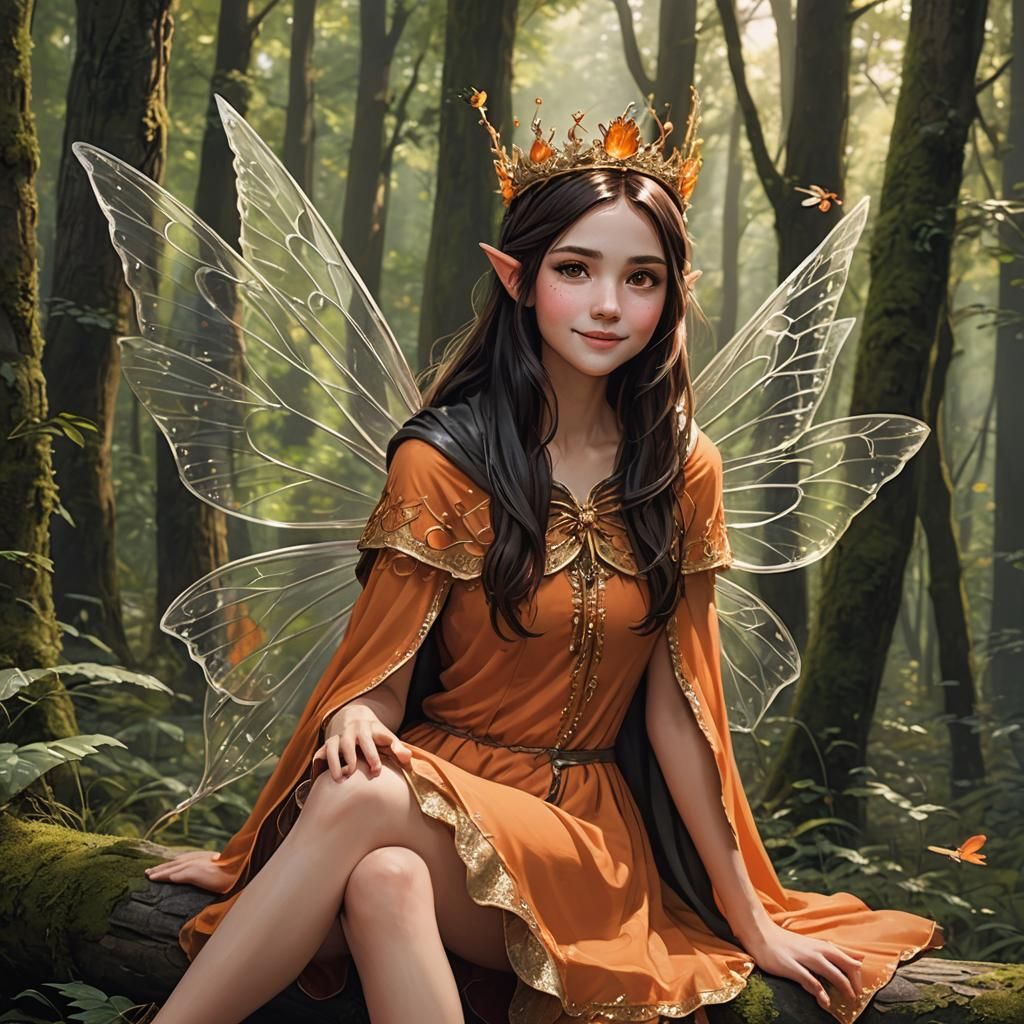 cheerful fairy with orange dress
dark brown straight hair