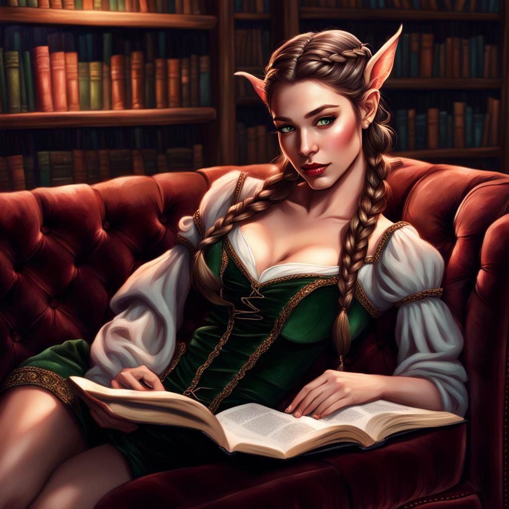 Fantasy Elf Lounging in Magical Library at Night