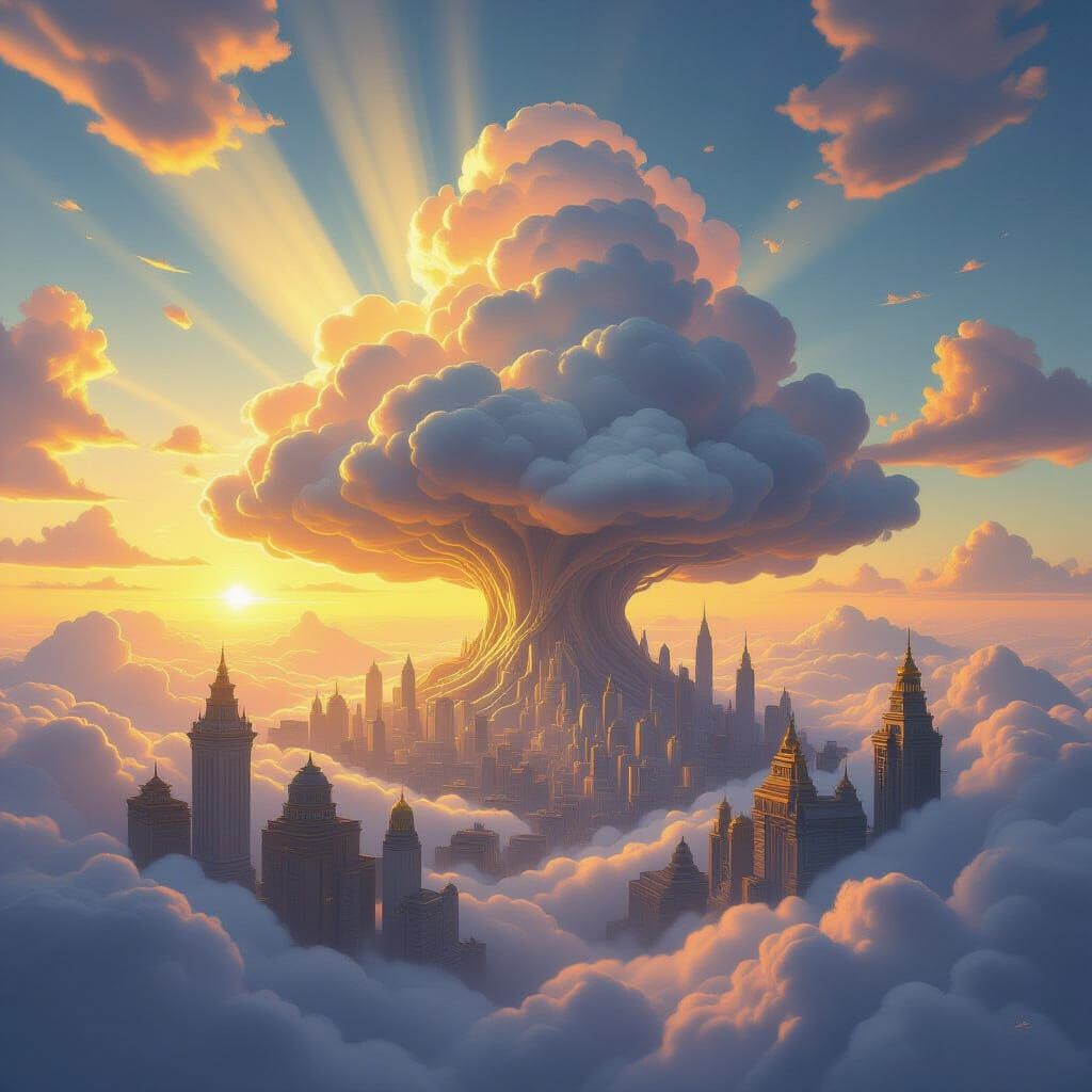Dreamlike Cloud Cityscape with Majestic Tree Formation