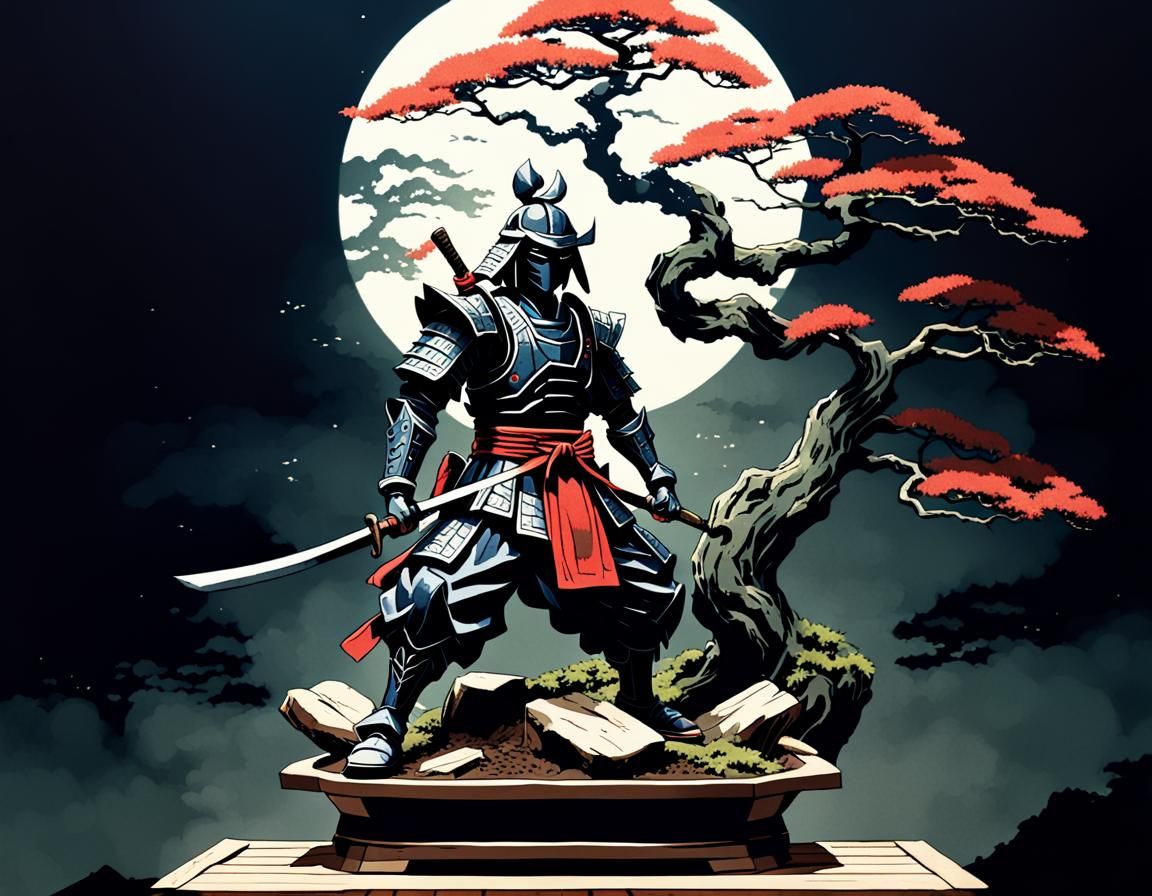 Samurai Warrior Emerges from Bonsai Tree: Anime Style