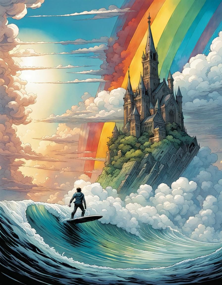 Cloud Surfing Under a Rainbow: Gothic Watercolor Comic Art