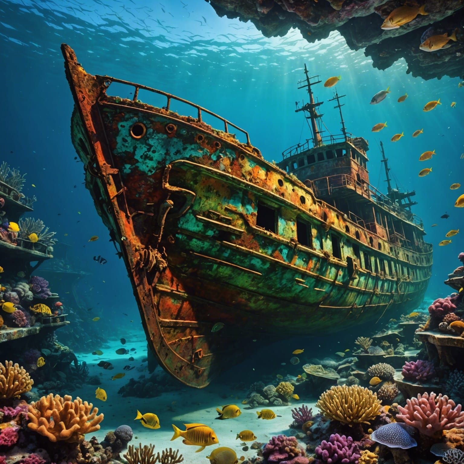 Underwater Shipwreck Teeming with Marine Life