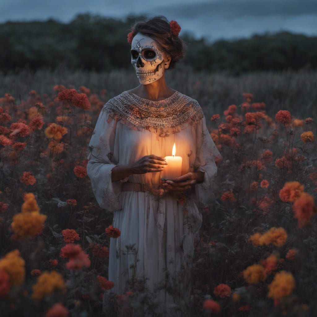Woman with Candle in Floral Field, Dia de Muertos