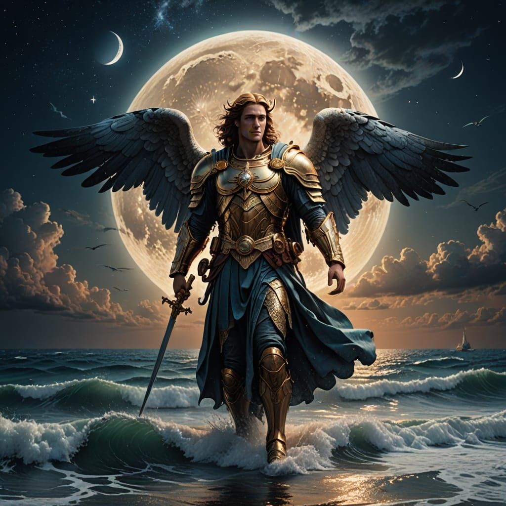 Epic Archangel Gabriel under Brilliant Moonlight