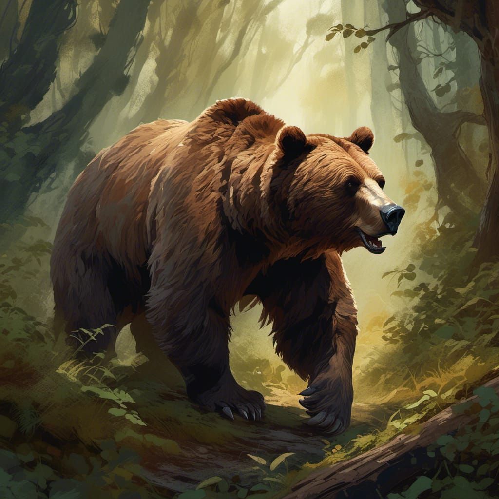 Brown Bear in Forest, Fantasy Realism Illustration