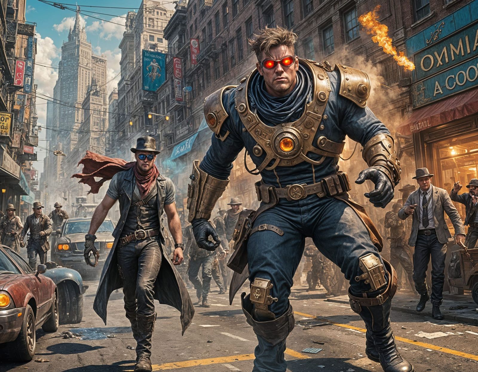 Cyclops Stops Steam Car in Hyperrealistic Splash Art