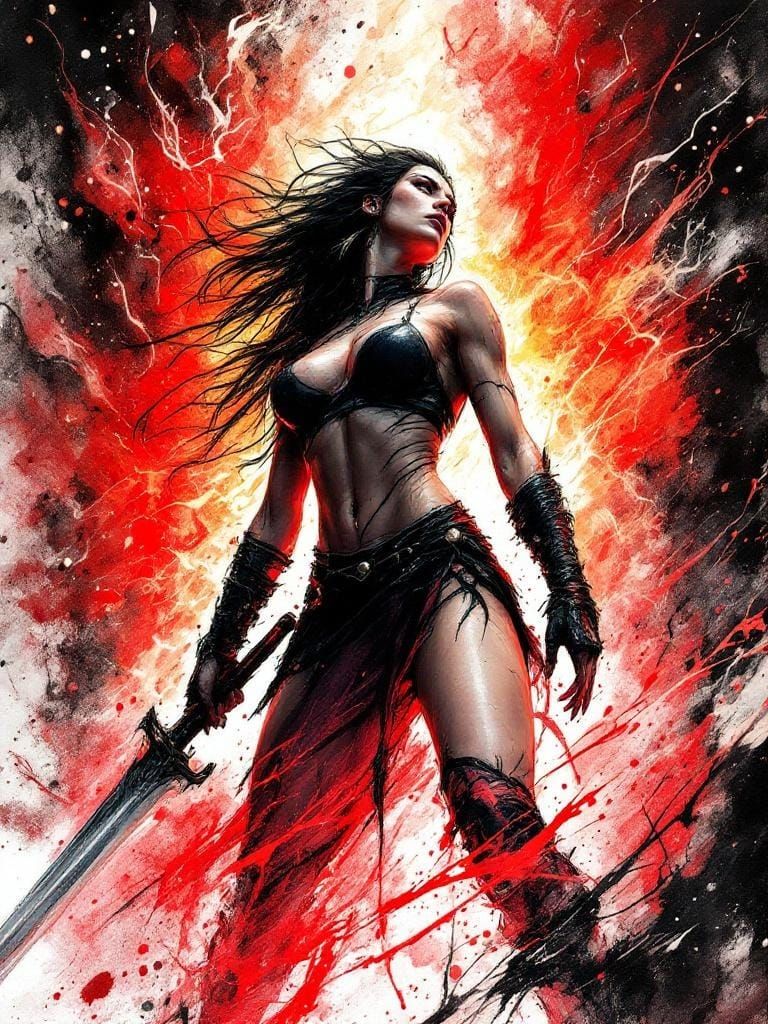 Furious Barbarian Woman in Divine Fire, Ink Art