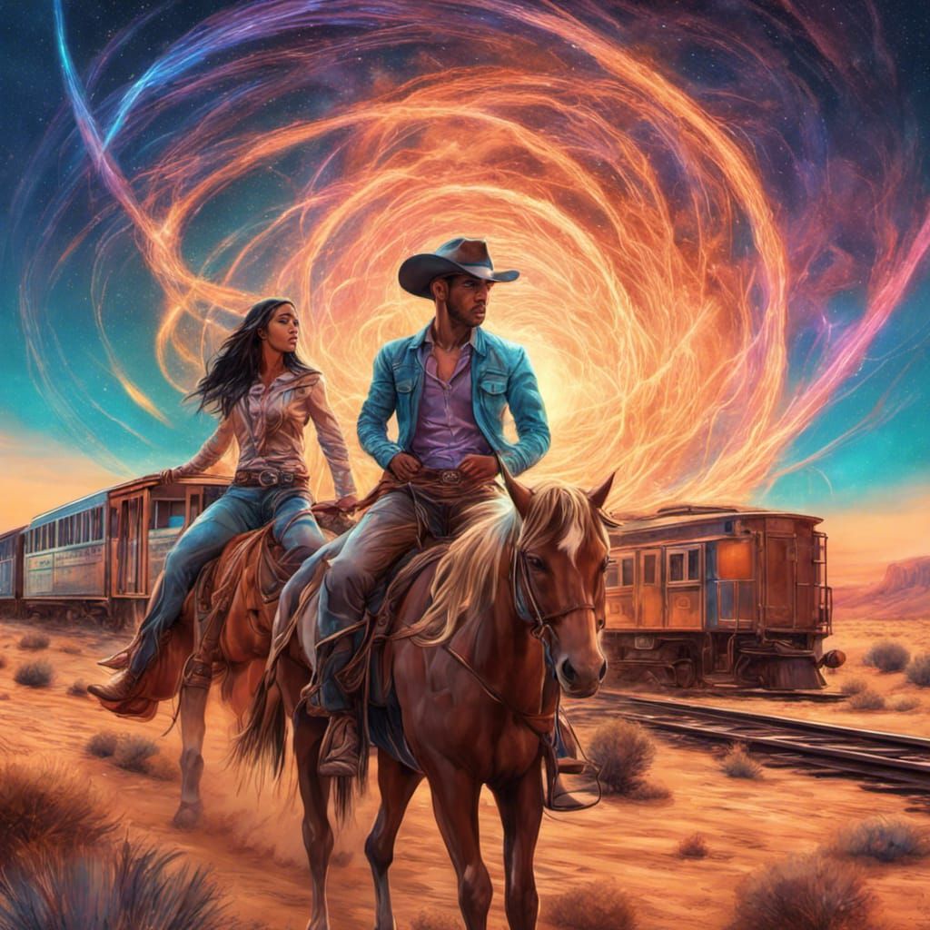 Cowgirl Lassoing Cowboy on Train: Astral Illustration