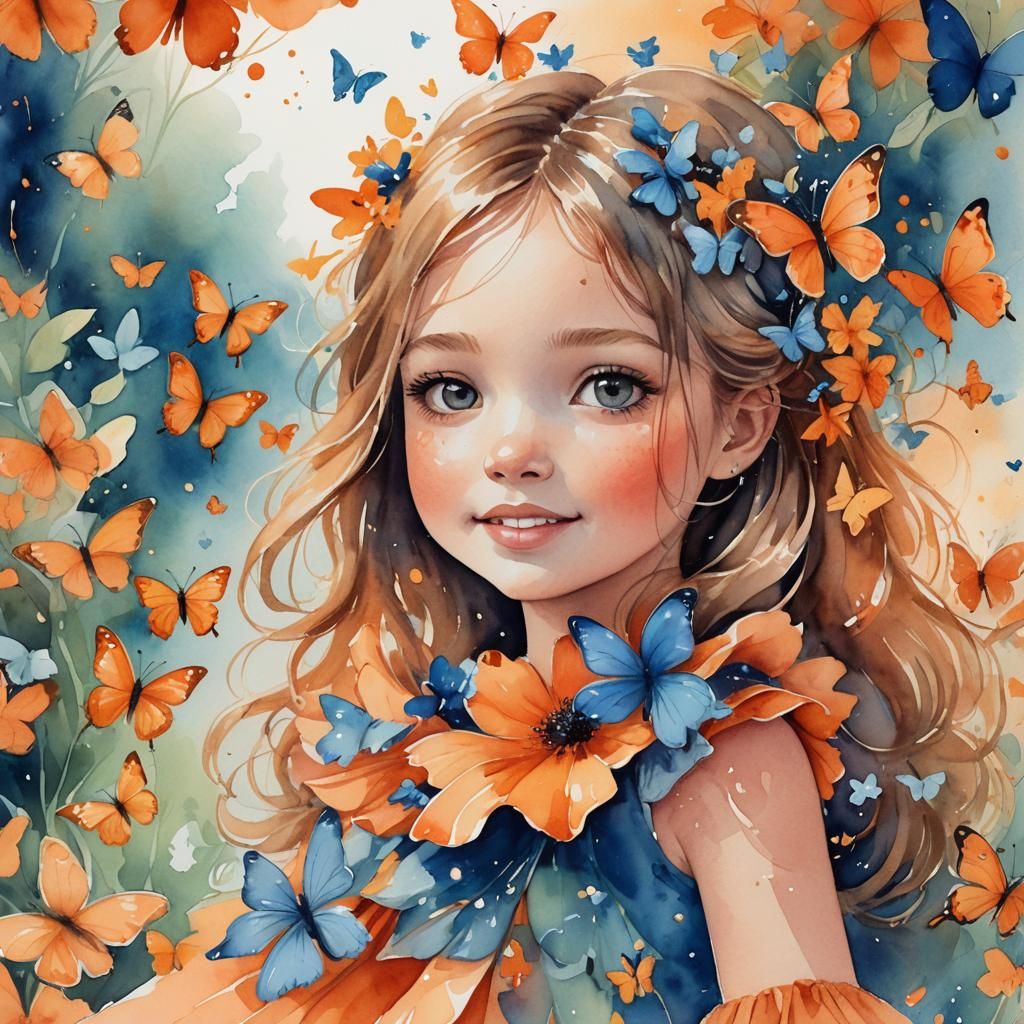 Girl with Butterflies in Watercolor Impressionism