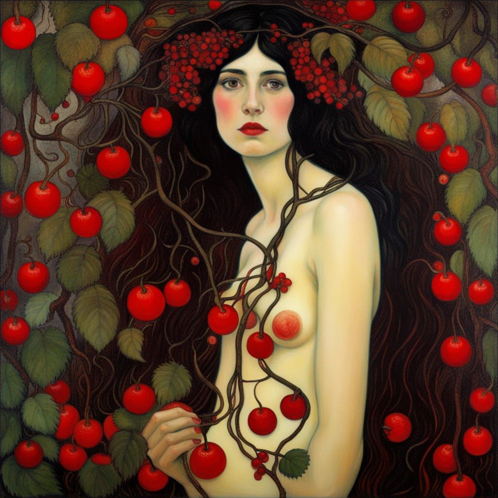 Nude Woman Among Berries and Vines: Symbolist Style
