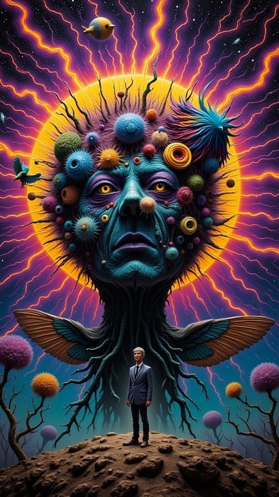 Surreal Man in Moth Costume Illuminated by Rainbow Lightning