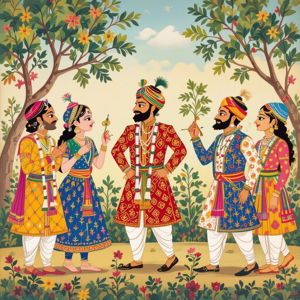 Villagers Mocking Man in Mughal Miniature Style