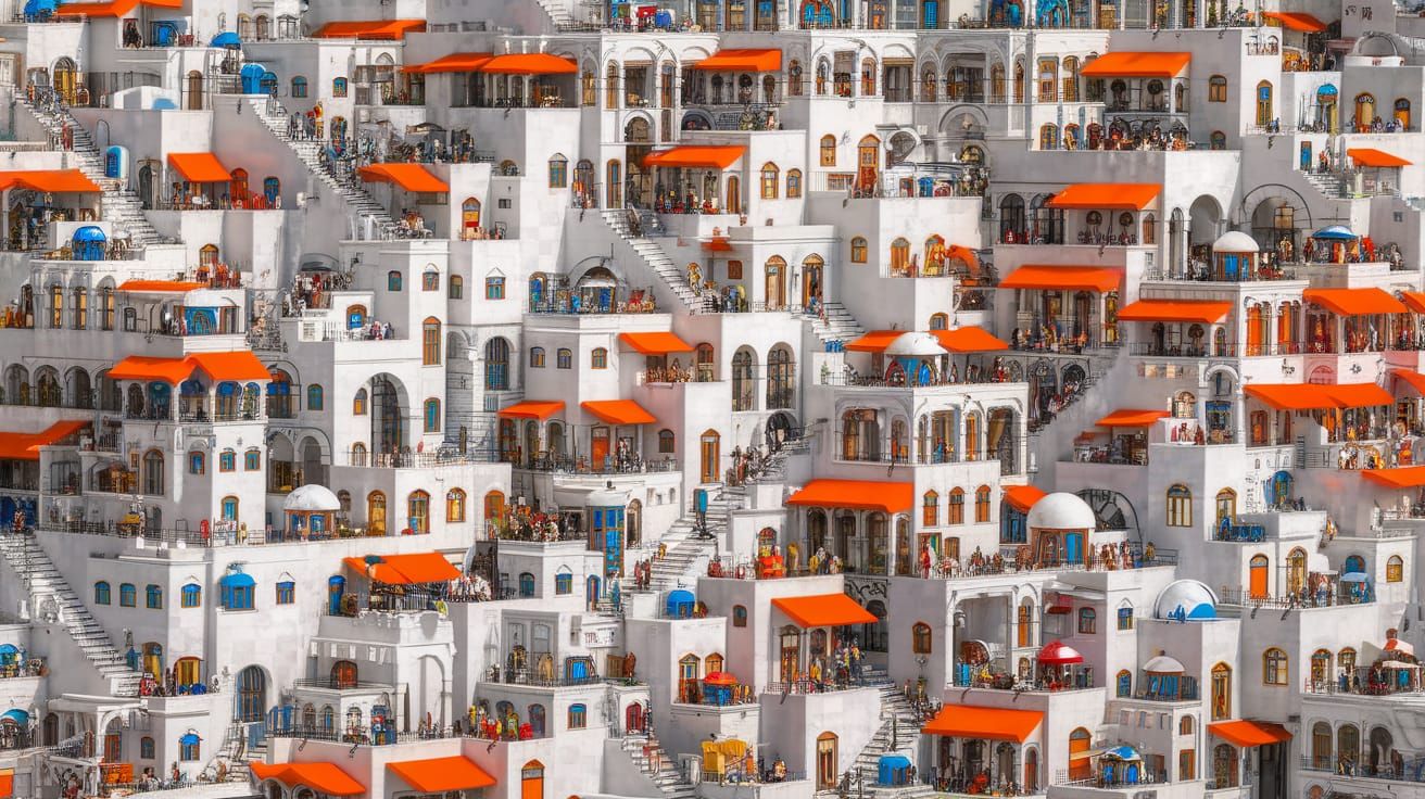 Detailed Whitewashed Building Complex with Vibrant Accents