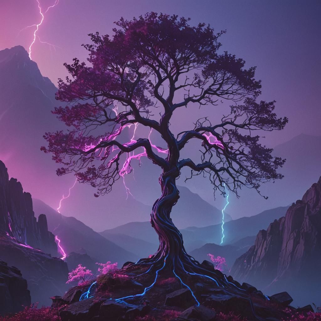 Glowing Magic Tree on Misty Peak in Synthwave Style
