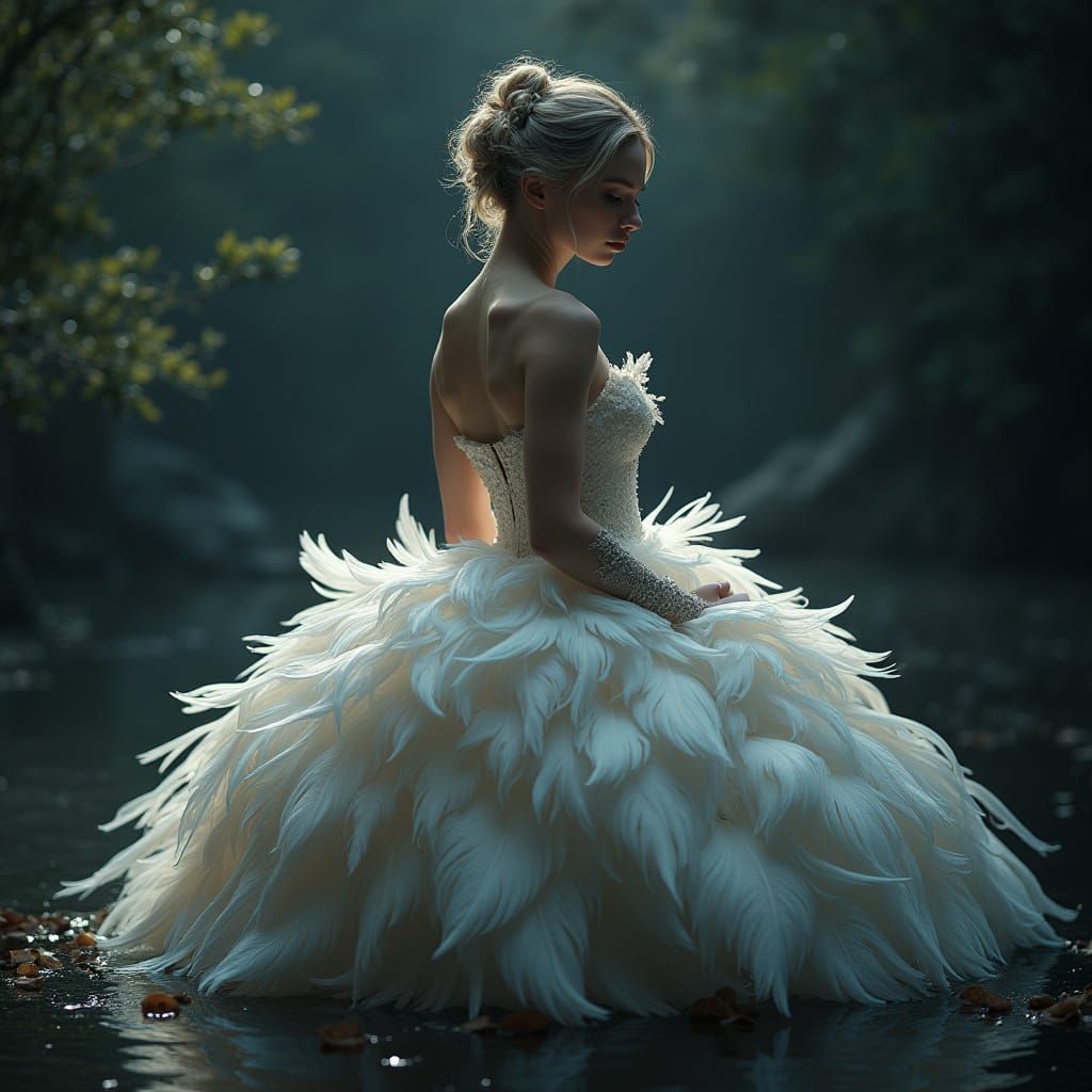 Ethereal Swan Feather Gown in Hyperrealistic Detail