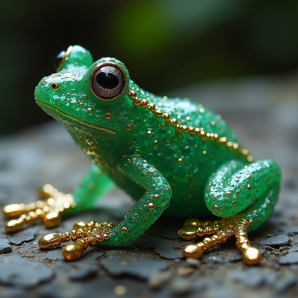 A frog made out of emerald and other gems beads