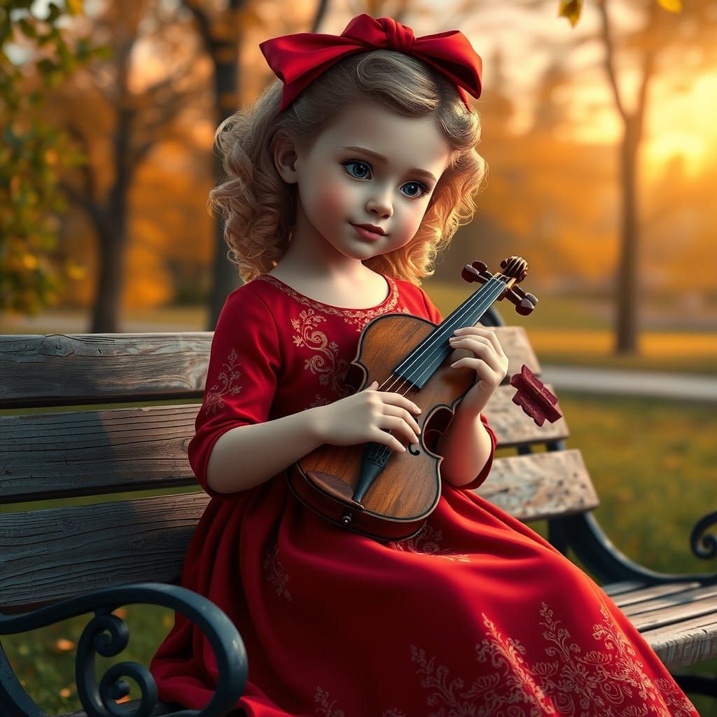 Girl with Violin in Autumn Sunset: 3D Digital Art