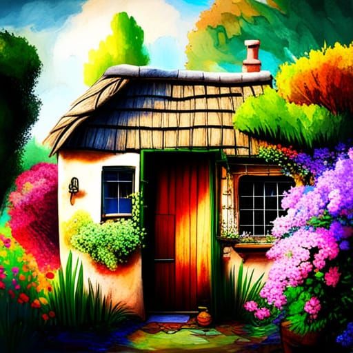 Funky Cottage Collage with Thatched Twig Roof