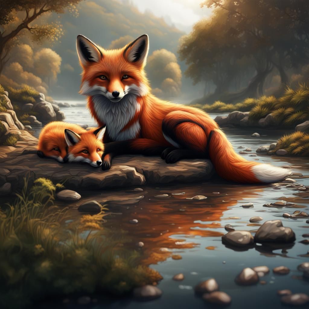 Fox and Cub by River in Detailed Matte Painting