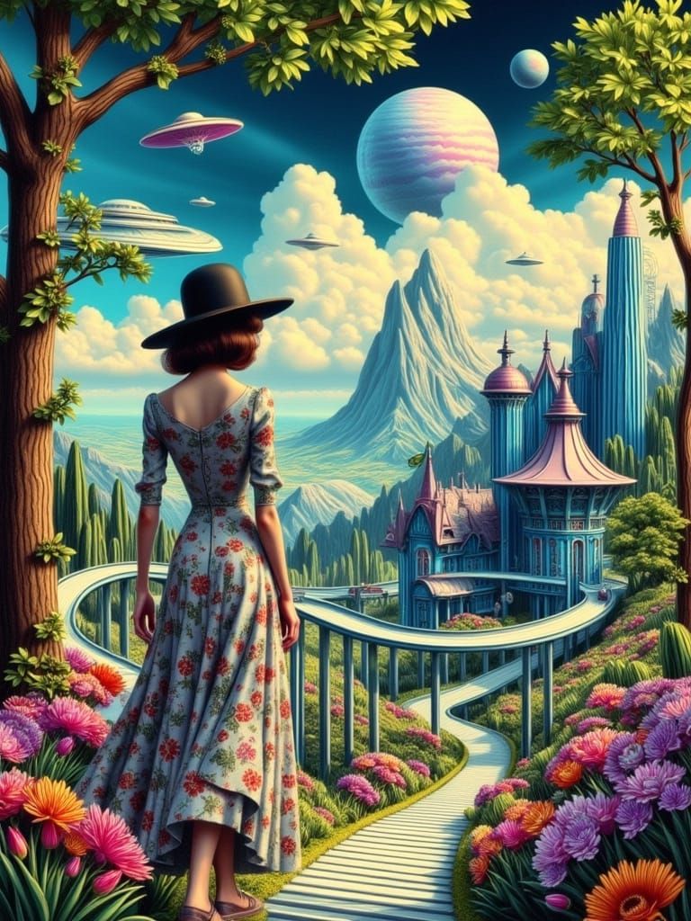 Retro Futuristic Landscape with Whimsical House and Celestia...