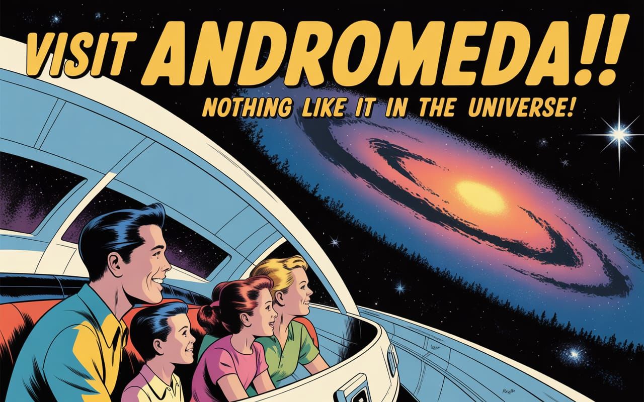 A 1950s style Travel Poster advertising a trip to the Andromeda Galaxy in your own personal spaceship.