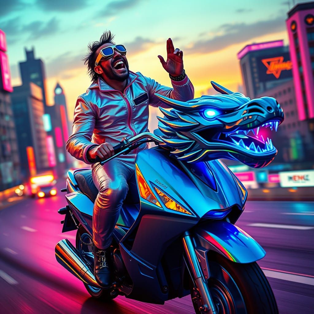 Retro-Futuristic Joyride on a Cyberpunk Dragon Scooter
