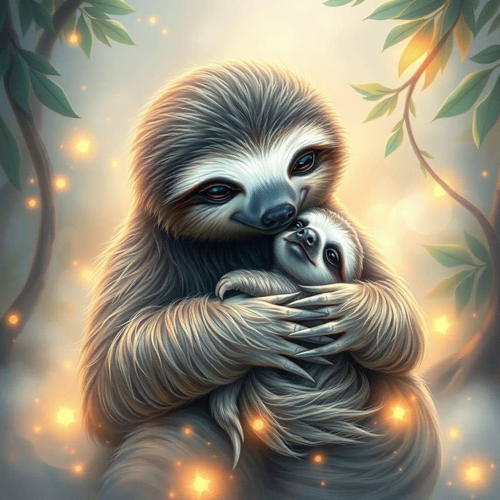 Enchanting Sloth Mother and Baby in Whimsical Watercolor
