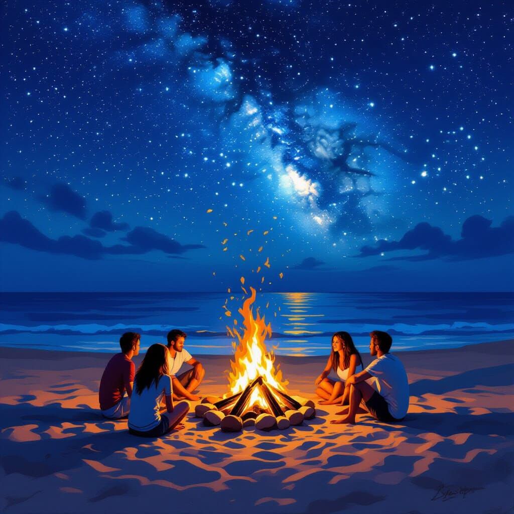 Bonfire Night on the Beach in Impressionist Style