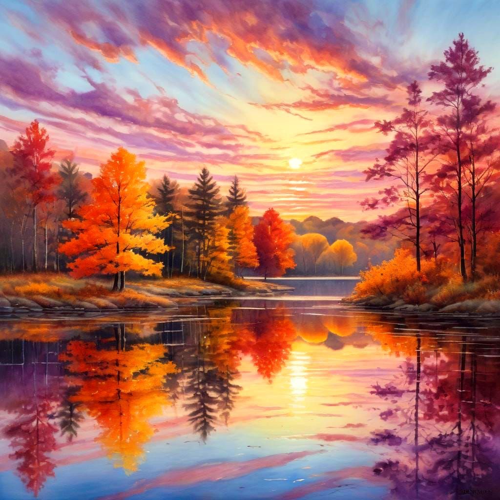 Serene Autumnal Sunset Reflected in Watercolor Painting