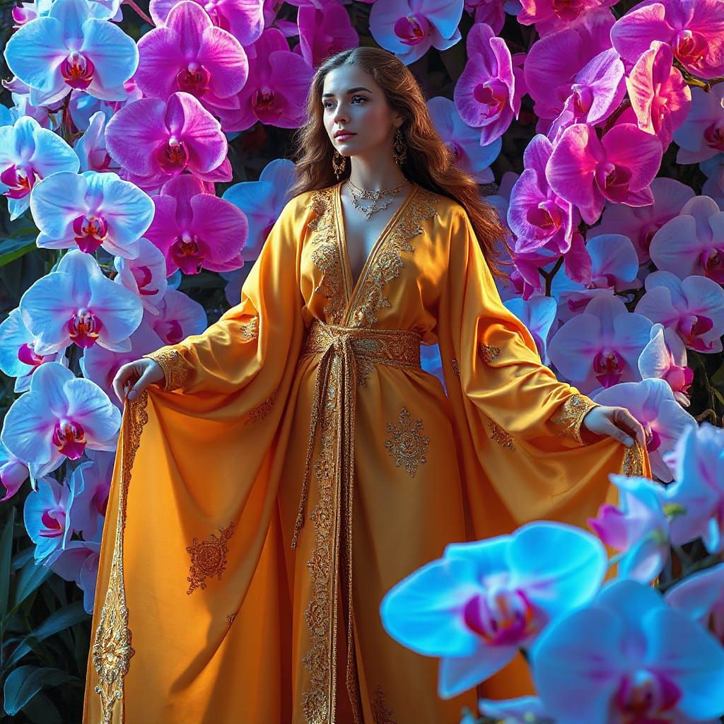 Goddess in Silk Robe Amongst Glowing Orchids