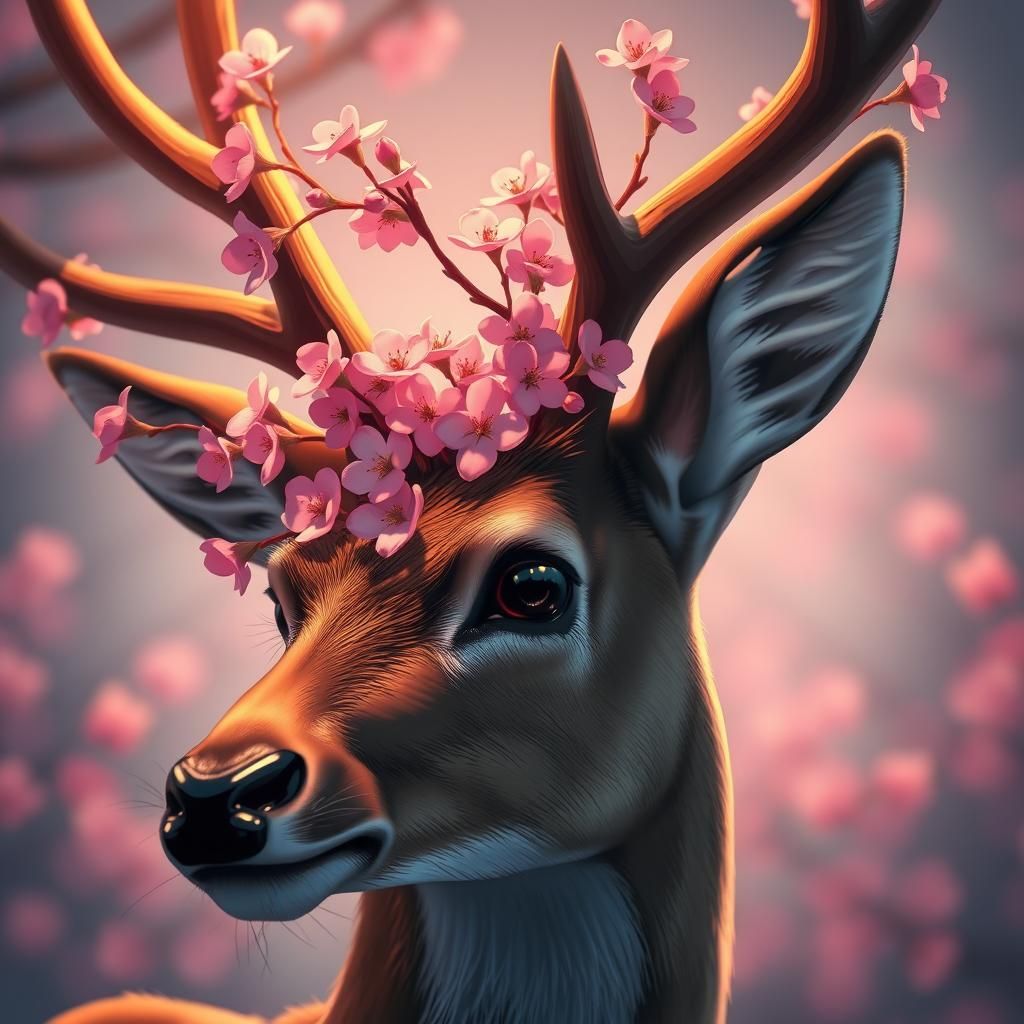 Deer with Cherry Blossoms in Anime Style