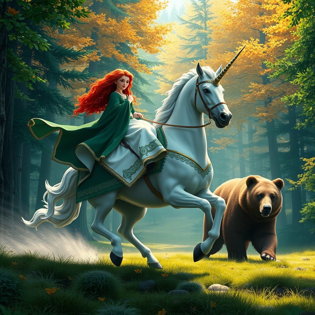 Majestic Unicorn Rider in Celtic-Inspired Fantasy Landscape
